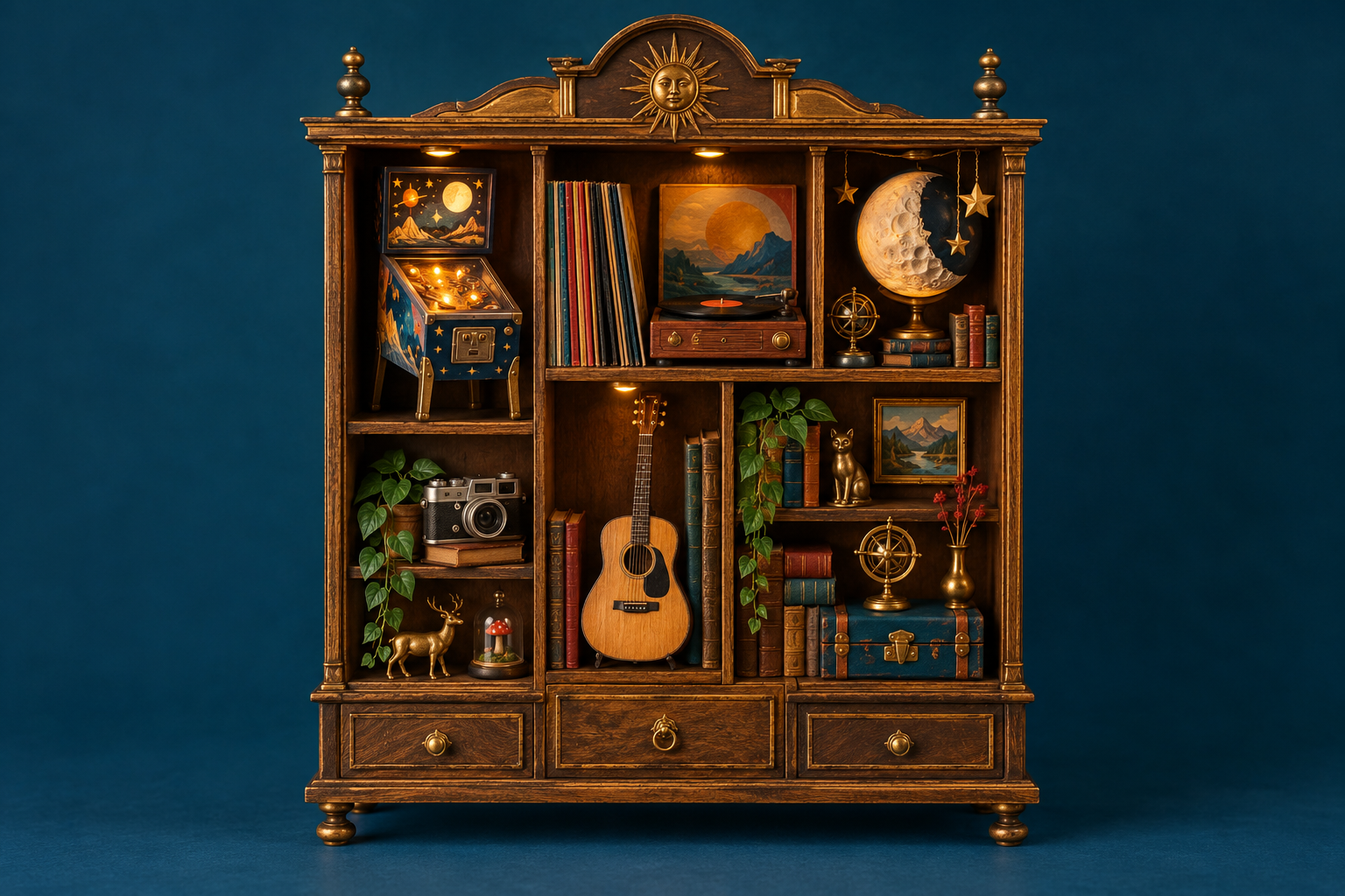 A miniature wooden curiosity cabinet filled with a pinball machine, records, a guitar, a camera, and tiny celestial curiosities.