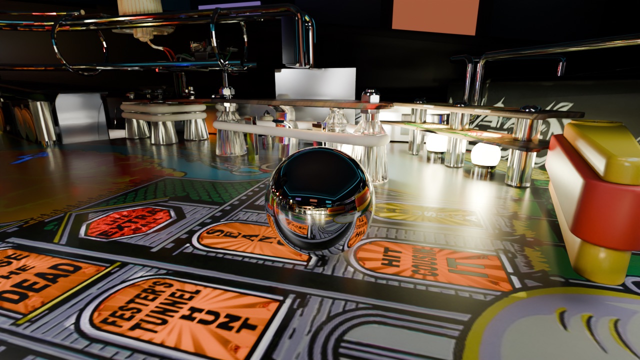 Final render: chrome ball on the playfield with glowing colored inserts