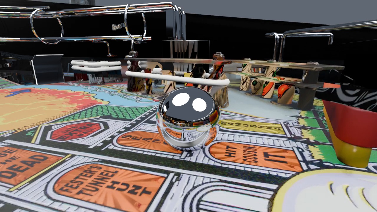 Chrome ball with ray-traced reflections on a brightly lit playfield