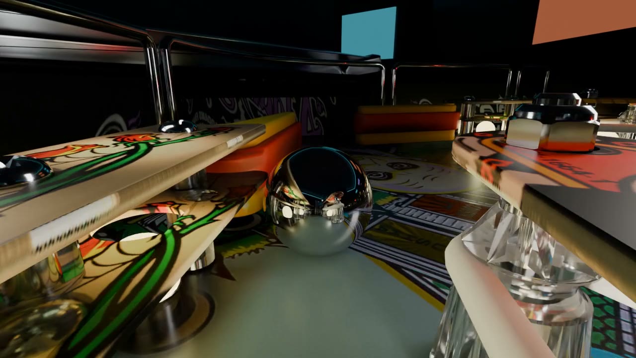 Chrome pinball rolling under the edge of a plastic ramp, with colored lights in the dark room behind