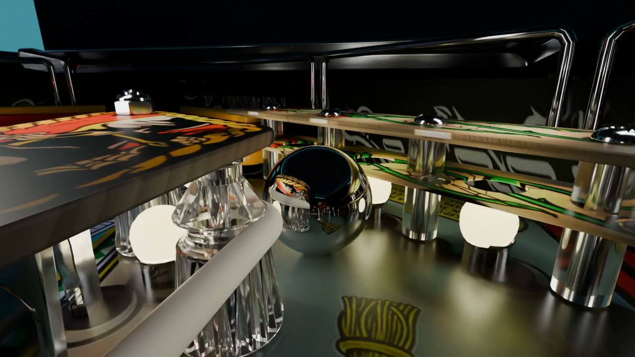 Chrome pinball rolling between clear plastic posts and white rubber rings