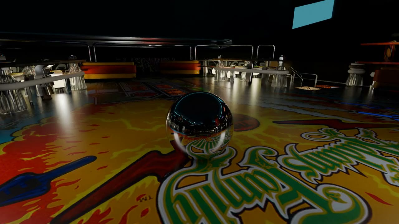 Chrome pinball crossing the middle of the playfield over The Addams Family logo