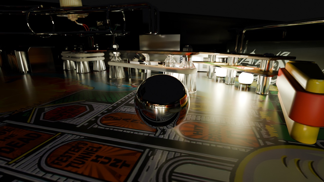 Playfield lit only by the machine's lamps, with the chrome ball in shadow
