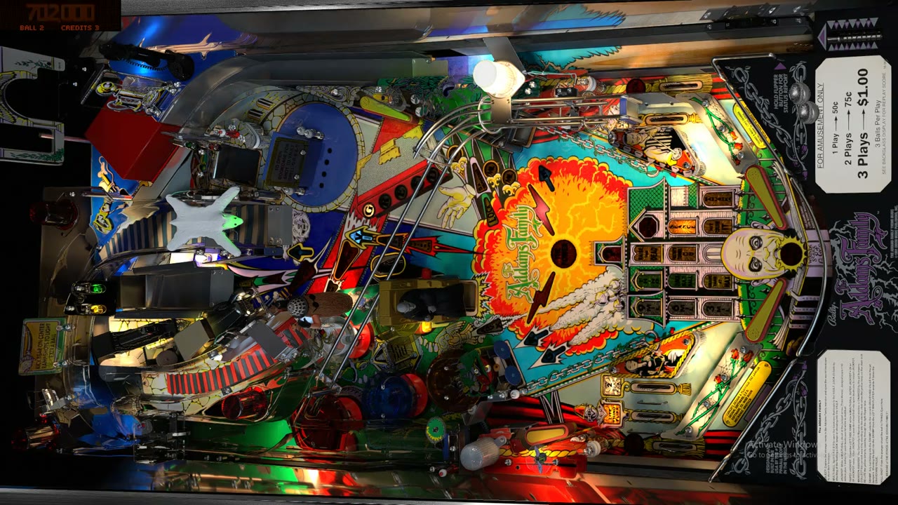 Overhead view of The Addams Family playfield in Visual Pinball X