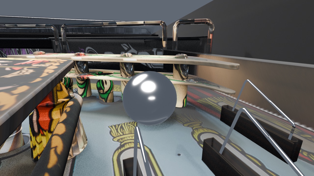 Early untextured Blender render of the playfield with a gray ball