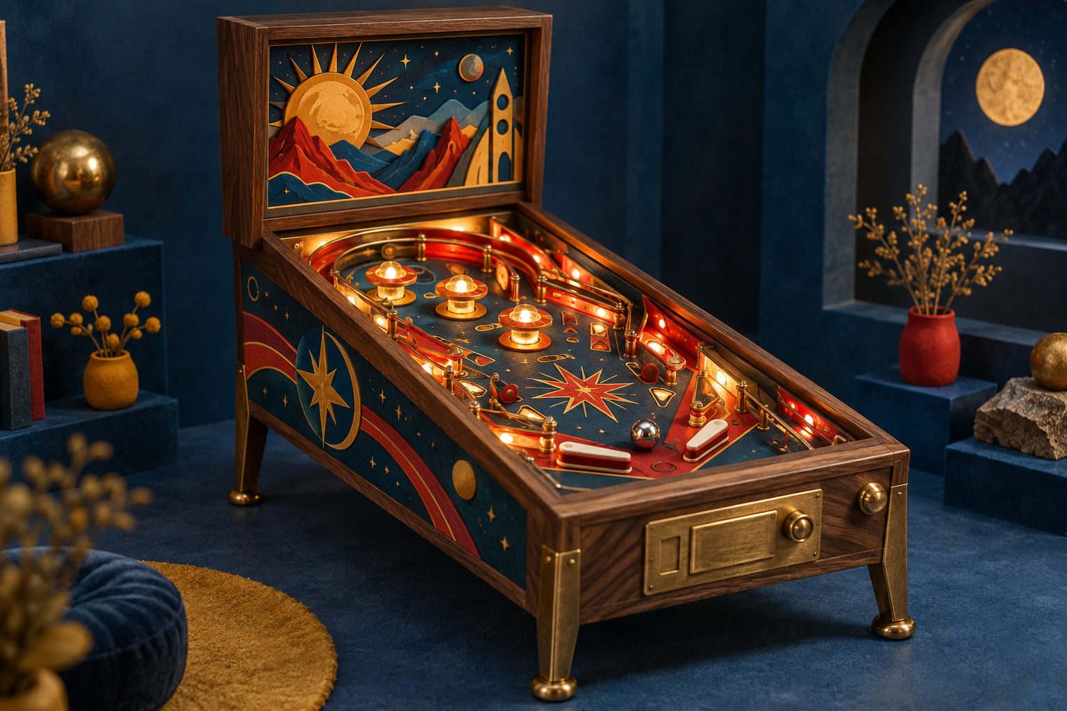 A colorful miniature pinball machine with glowing bumpers and a silver ball.