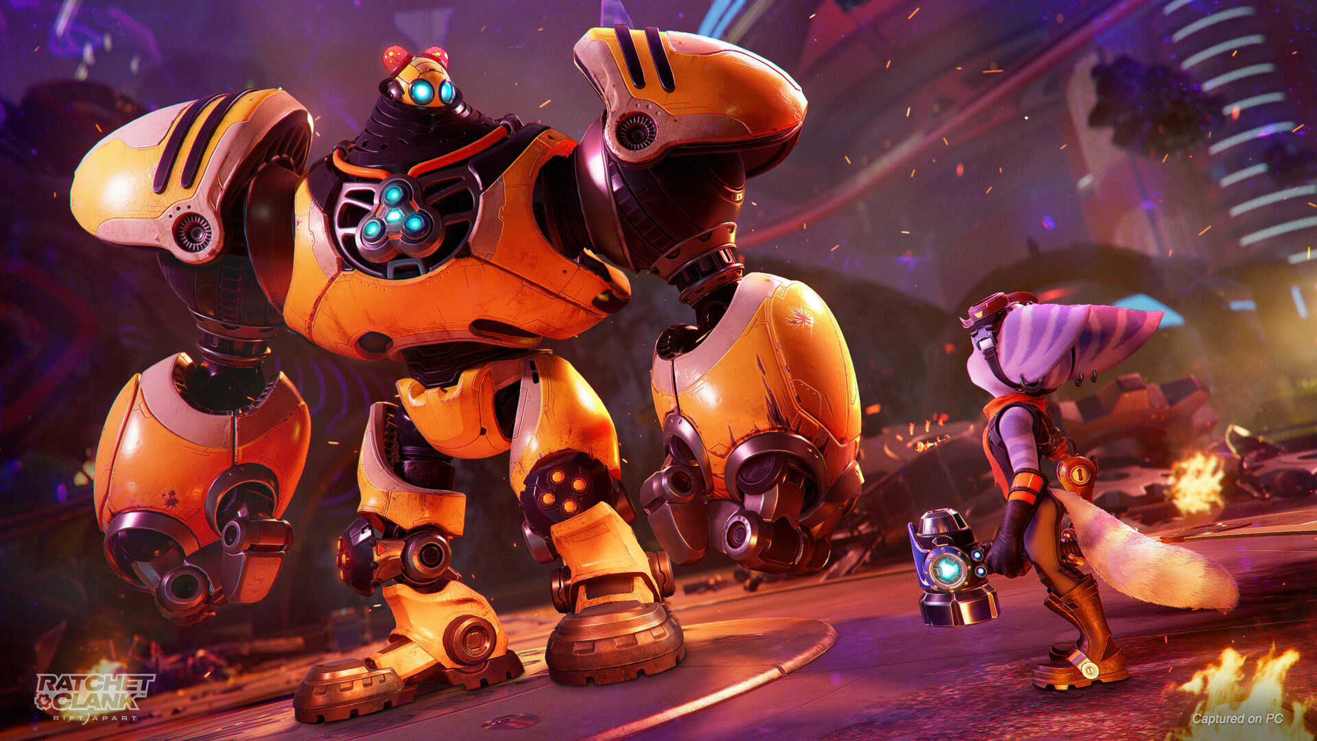 Ratchet faces a towering orange robot in Ratchet and Clank: Rift Apart.