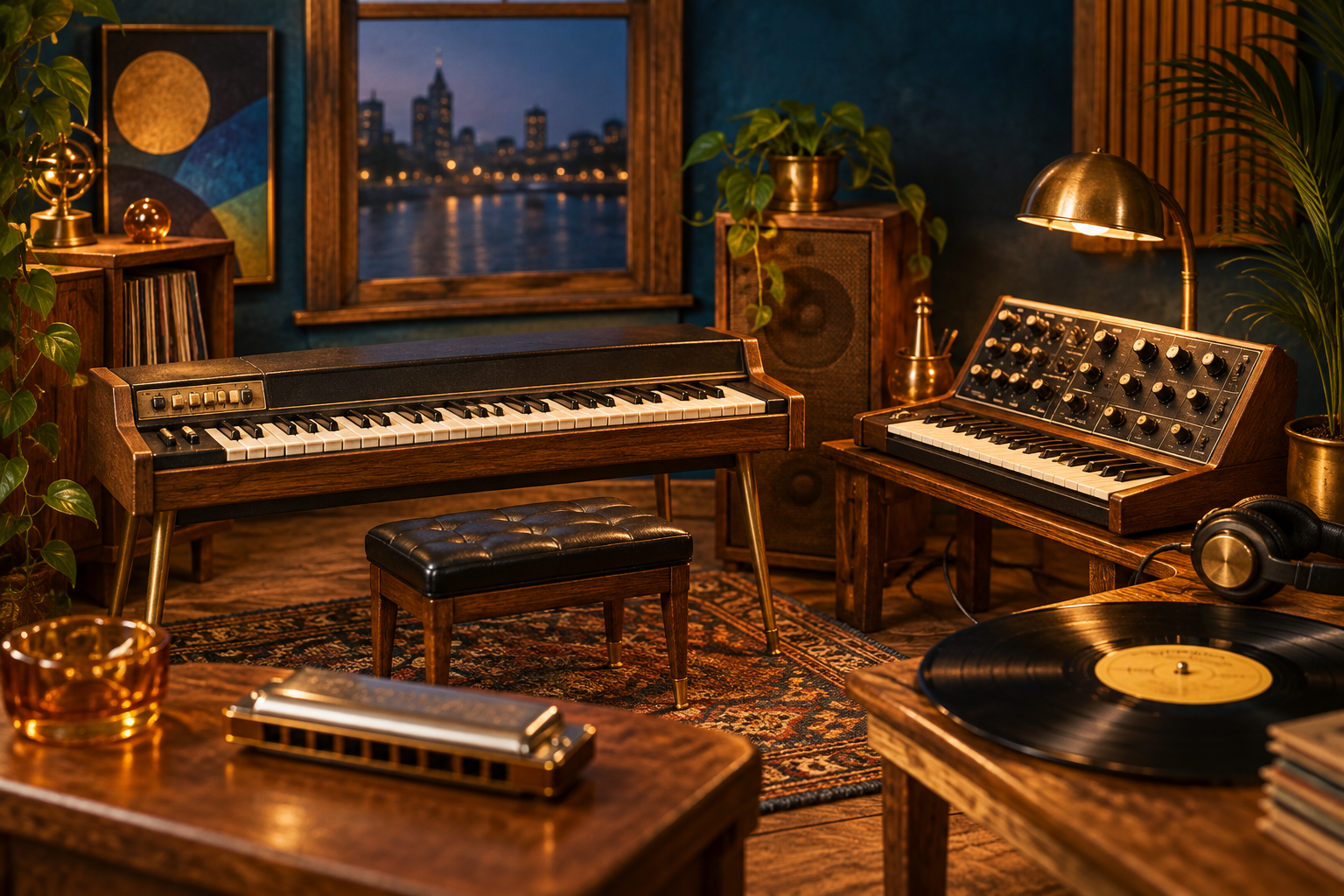 A miniature studio filled with keyboards, records, and a harmonica.