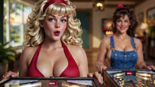 Camera test with Melony in focus at the pinball cabinet and Hellen farther back
