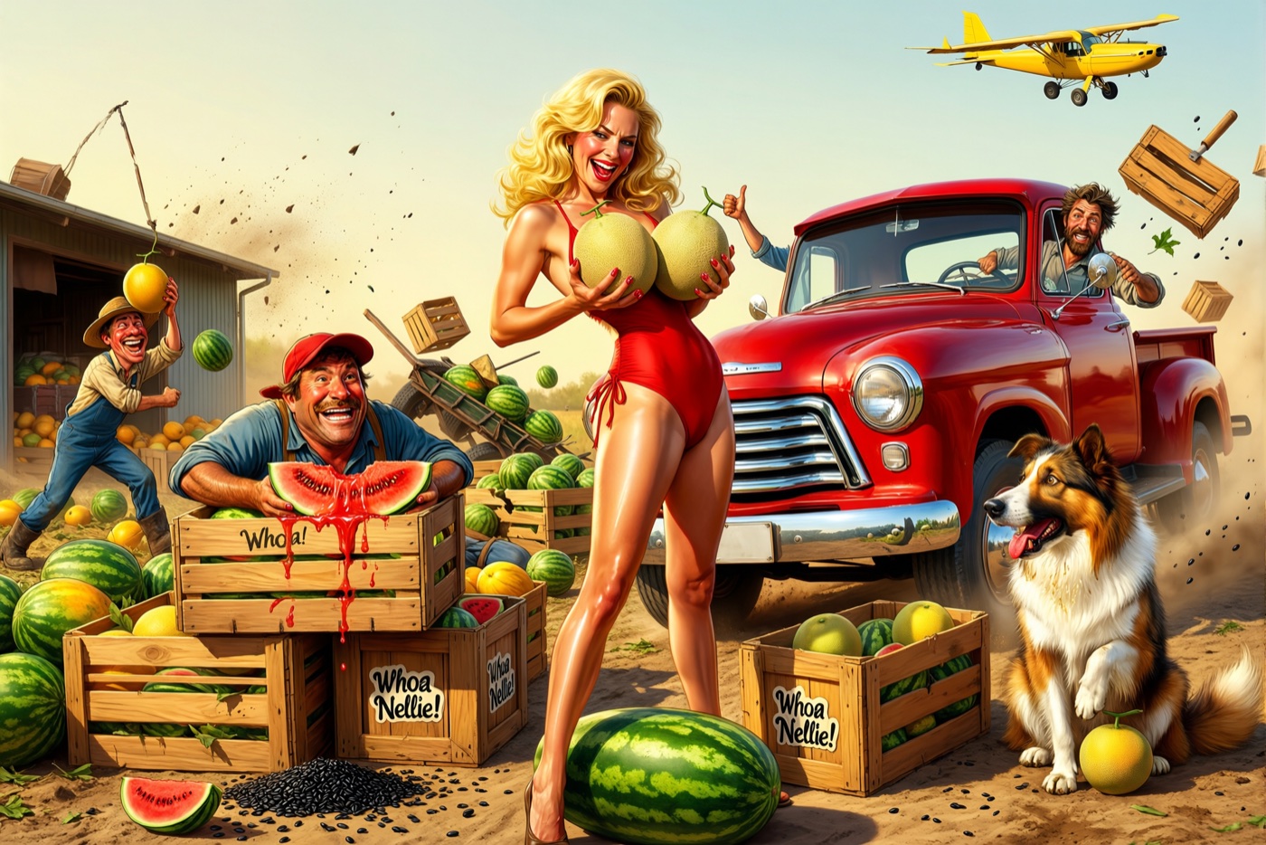 Illustrated Whoa Nellie field guide art with its melon-farm characters