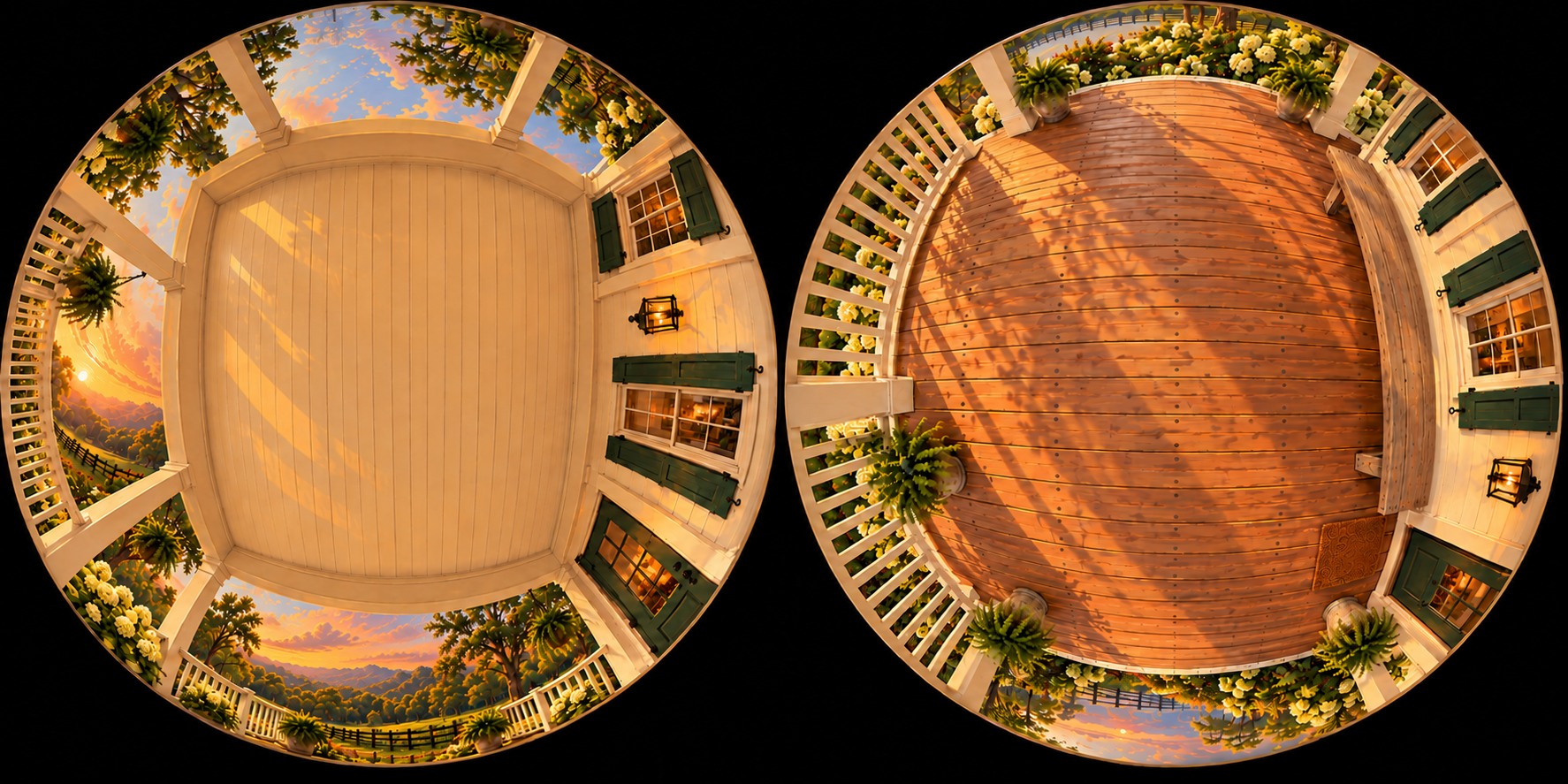 Melony’s farmhouse porch: upper hemisphere on the left and lower hemisphere on the right