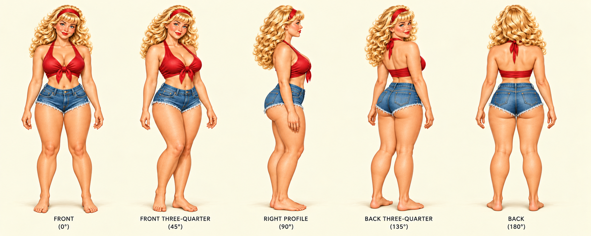 Melony's five-view character sheet showing blonde curls, red halter top, denim shorts, and her shorter, rounded build