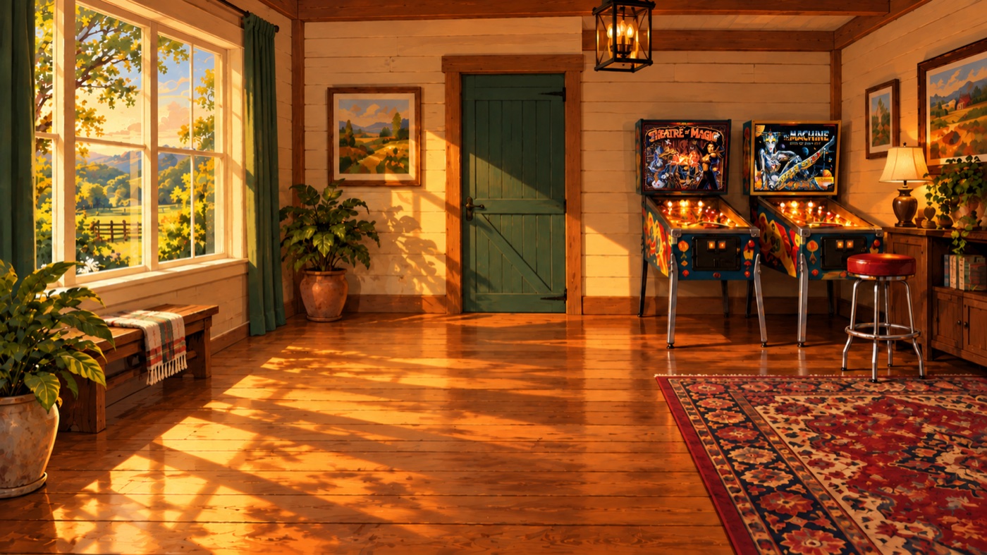 Painted pinball room reference with Pinbot and Theatre of Magic machines against the far wall