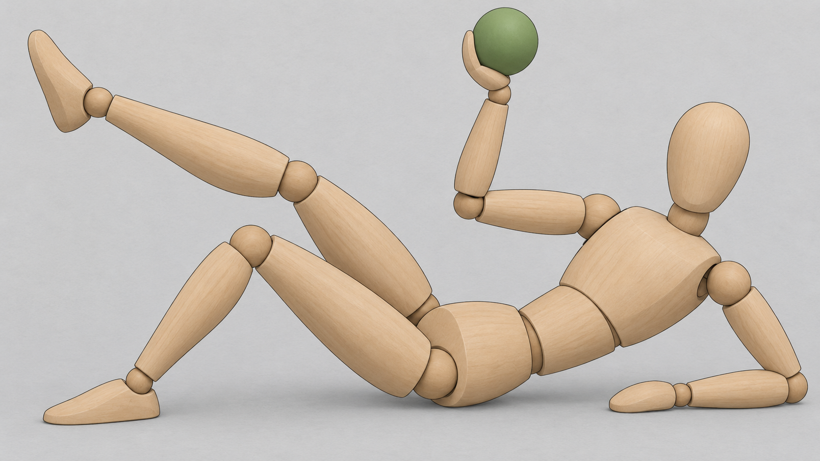 Wooden articulated figure reclining with one leg raised and a melon held in one hand, used as a pose reference