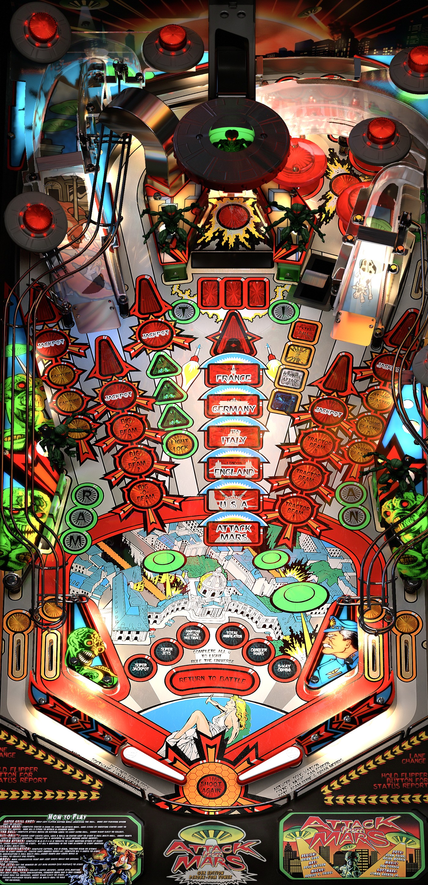 Top-down render of the installed attack-from-mars playfield
