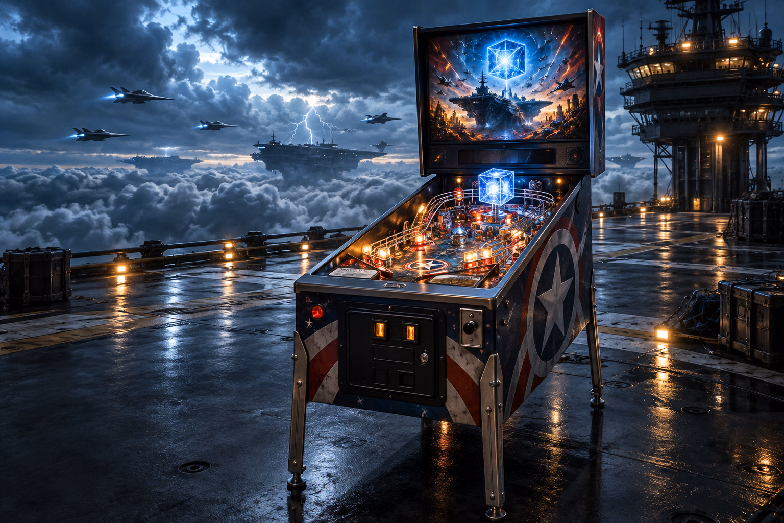 A glowing pinball machine alone on an airborne command deck above storm clouds