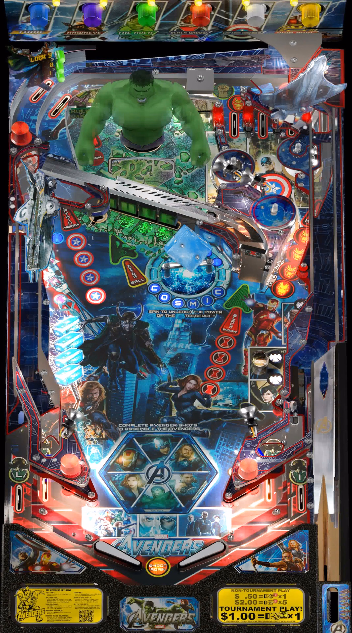 Installed Avengers Pro playfield viewed from the flippers