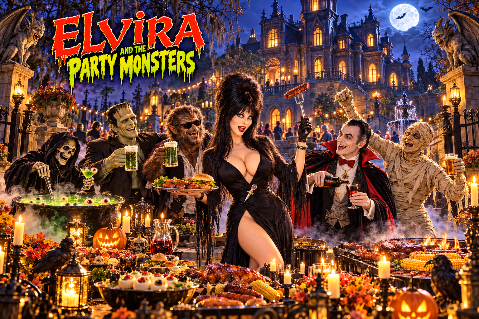 Elvira and her monster guests at a candlelit mansion barbecue, reimagined as a realistic cinematic scene