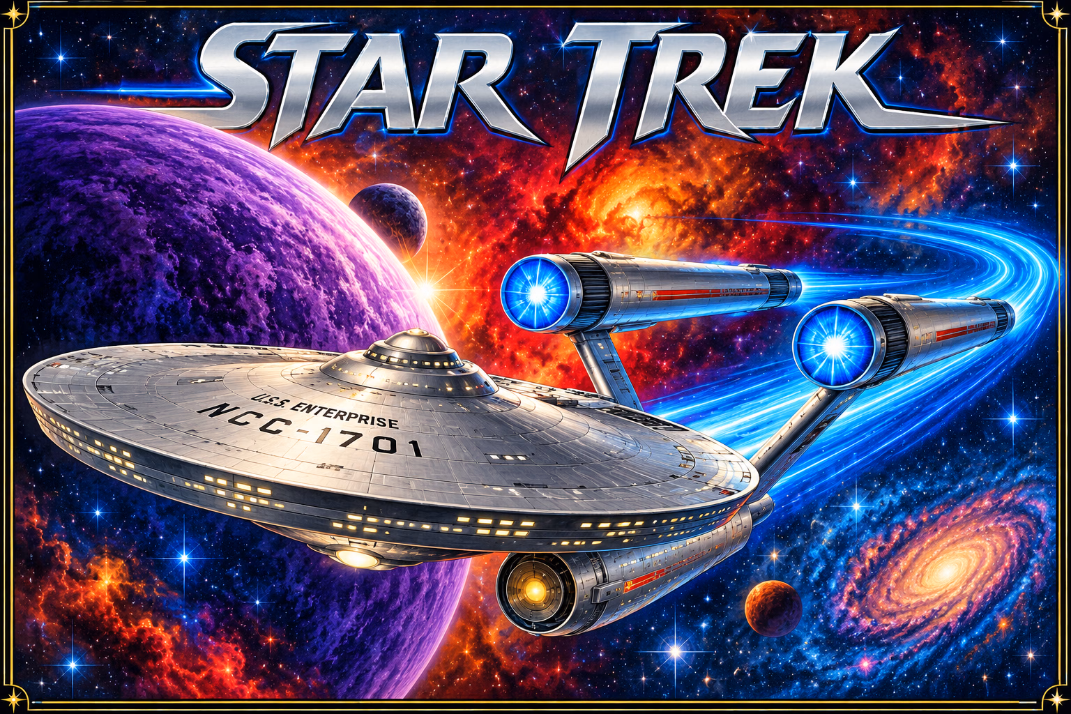 The Enterprise above a planet beneath the Star Trek title