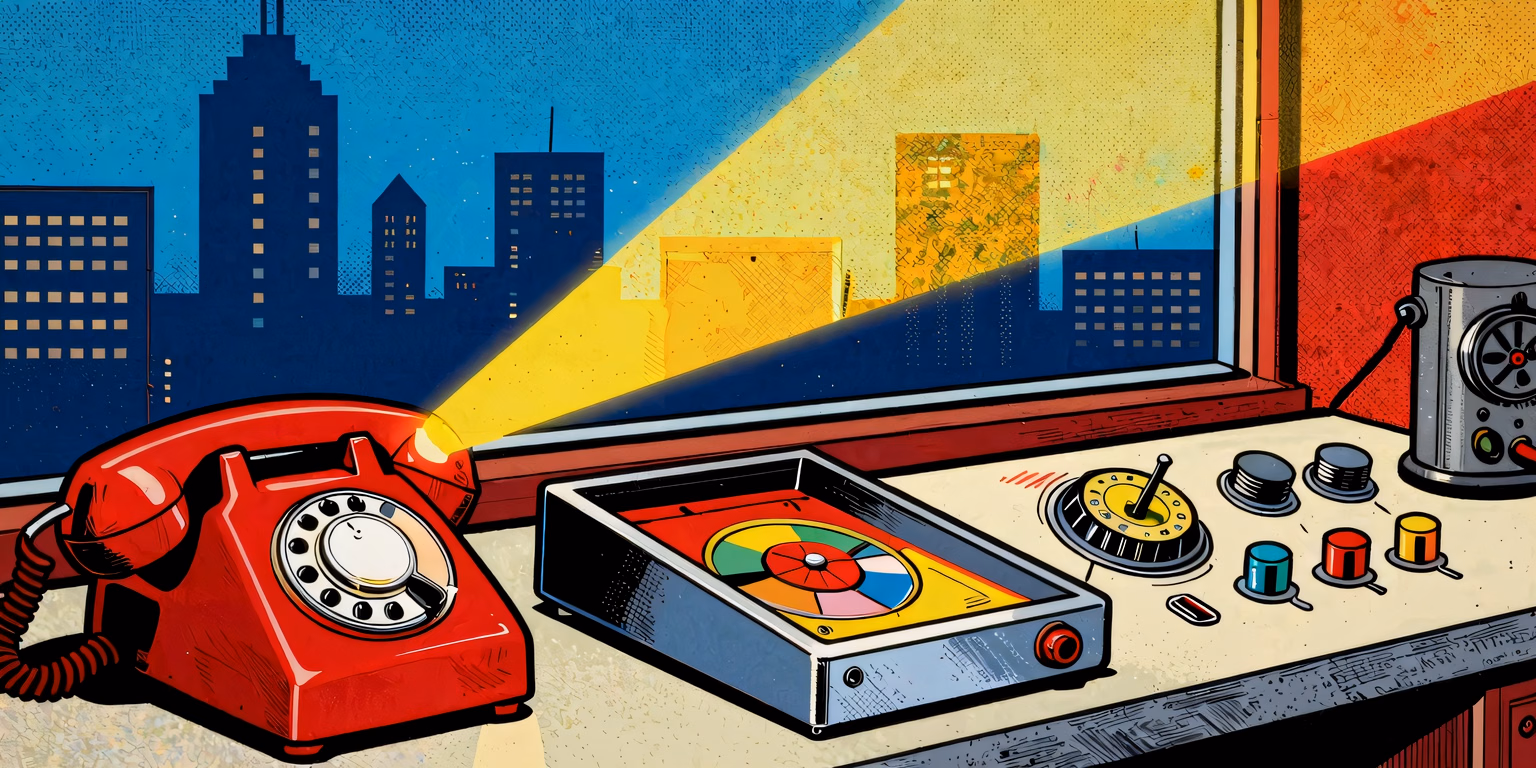 A red telephone and retro crime-fighting console in a comic-book city