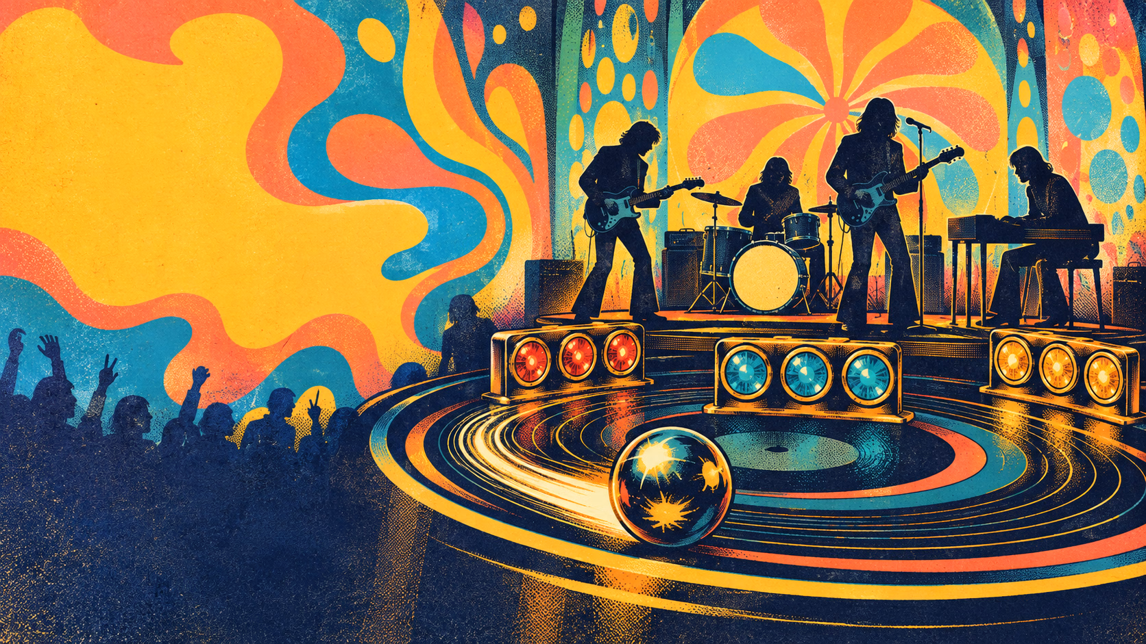 Four anonymous musicians perform inside a psychedelic record-shaped pinball orbit