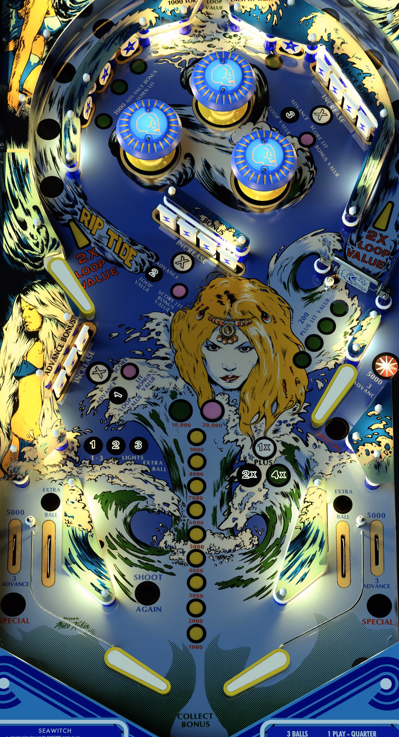 Full physical Sea Witch pinball playfield viewed from above