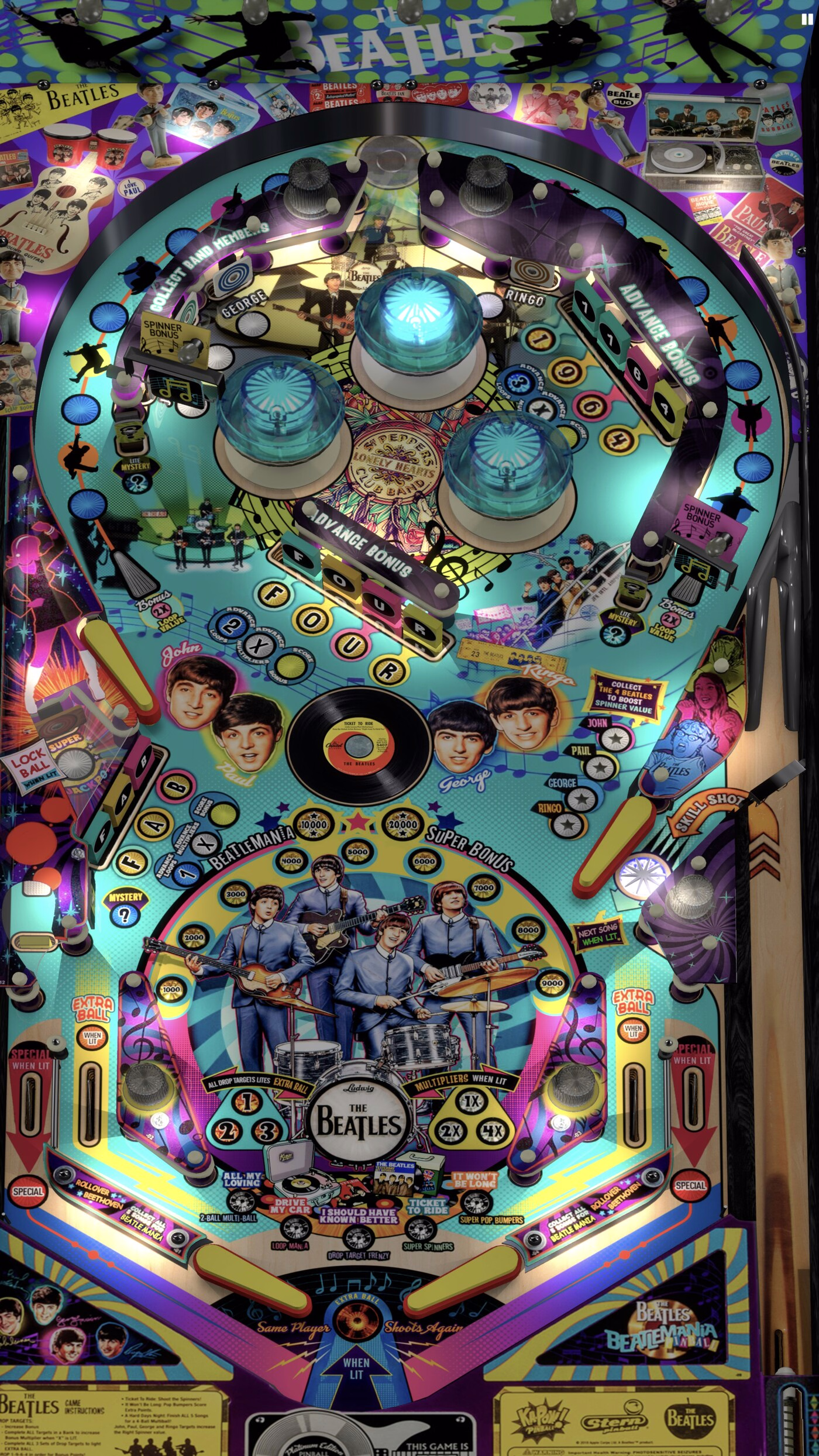 Installed Beatles Stern Rules Edition playfield viewed from the flippers