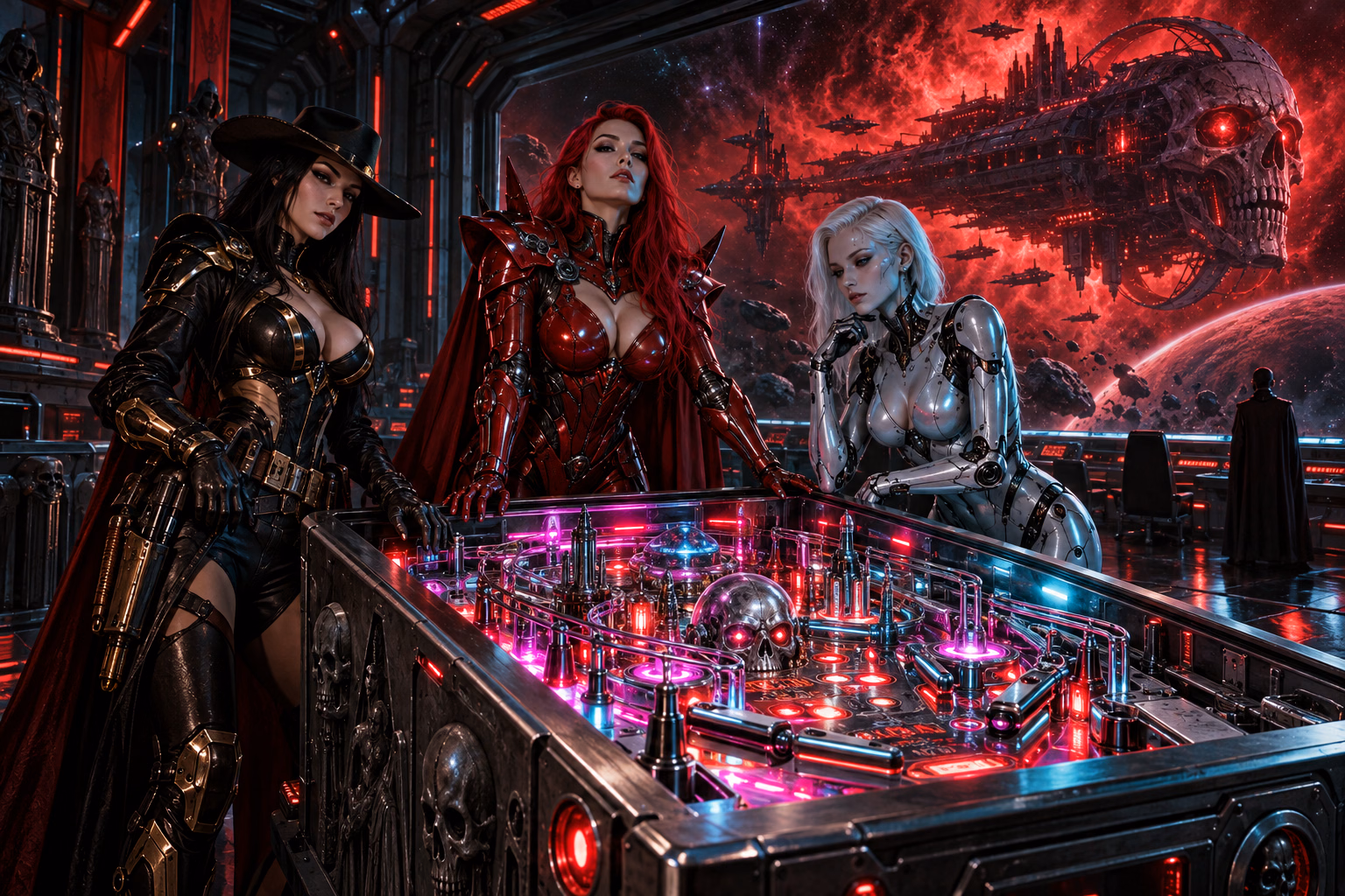 Three synthetic warriors around a neon pinball machine as a skull-shaped starship approaches