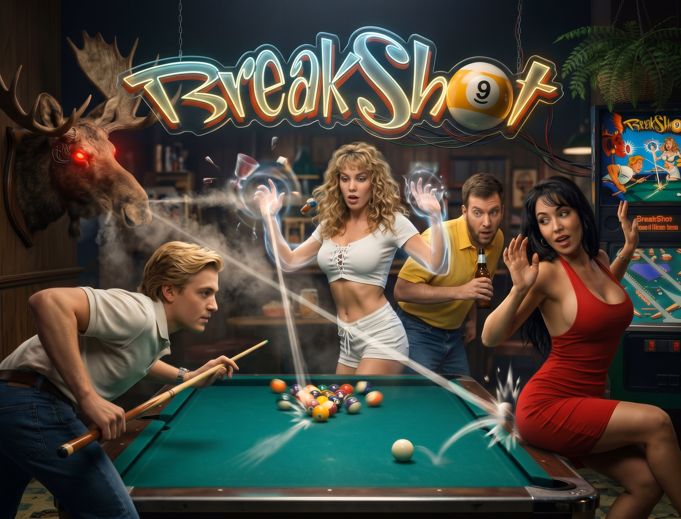 Breakshot neon sign above four poolhall characters, flying billiard balls and a glowing-eyed moose