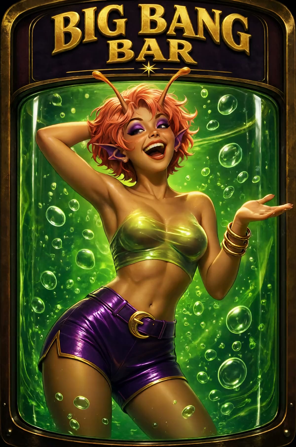 Red-haired alien dancing inside the Big Bang Bar green tube