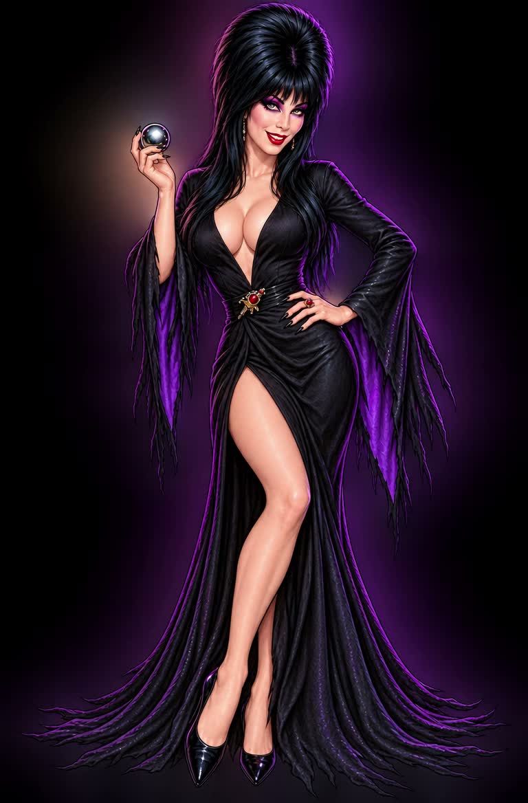 Elvira in her black gown holding a pinball