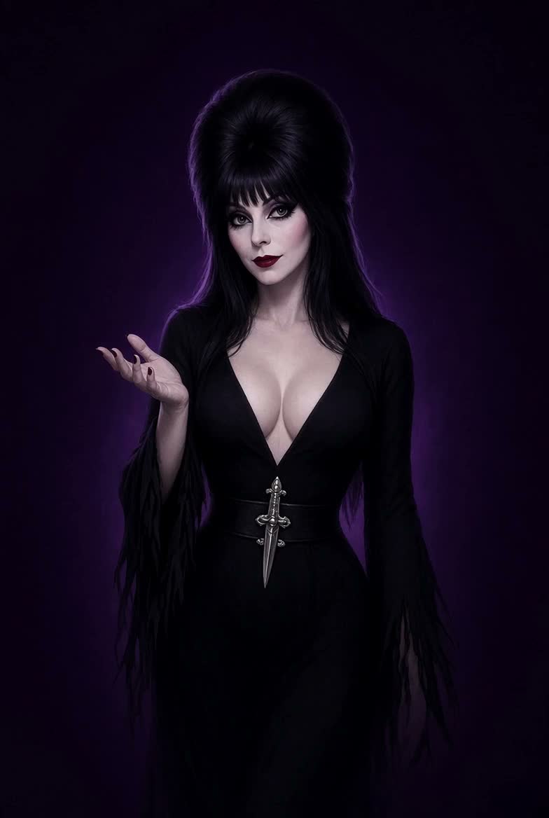 Elvira in her black gown