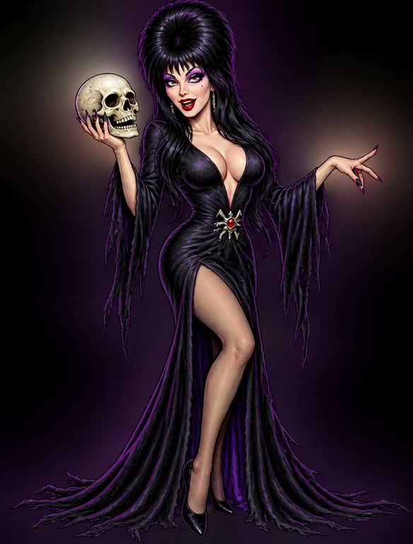 Elvira holding a skull in her black gown