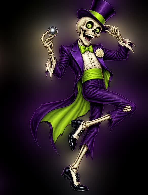 Purple-suited skeleton holding a pinball