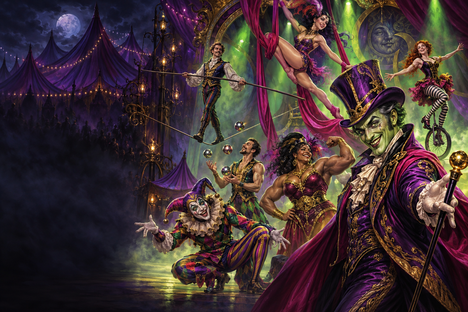 The green Ringmaster and six circus performers beneath a glowing big top