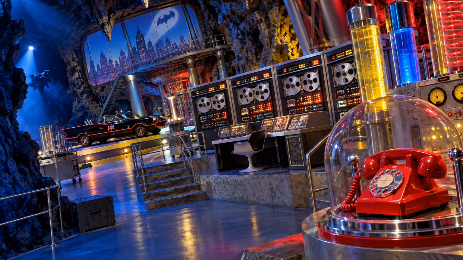 Campy 1960s Batcave with a glowing red telephone and retro crime-fighting consoles
