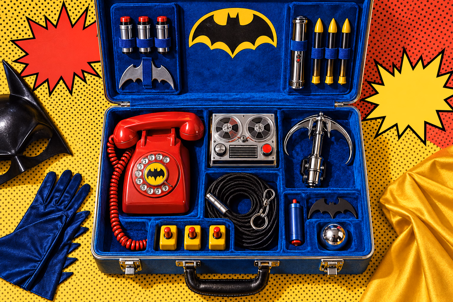 A colorful assortment of retro crime-fighting gadgets