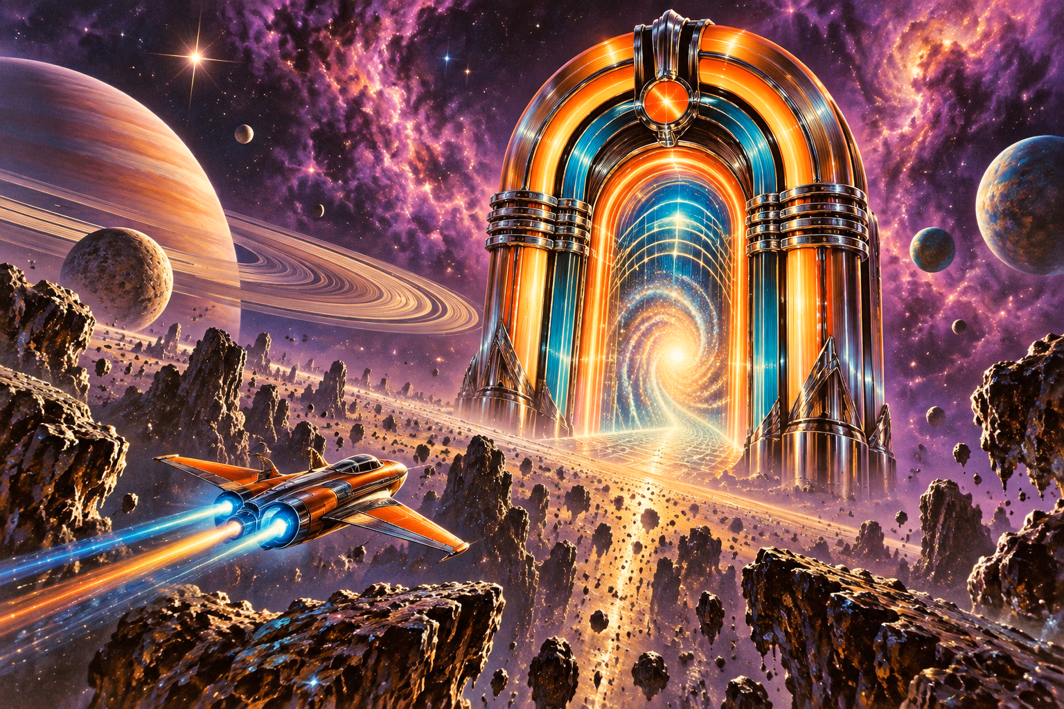 A glowing jukebox opens a portal into space
