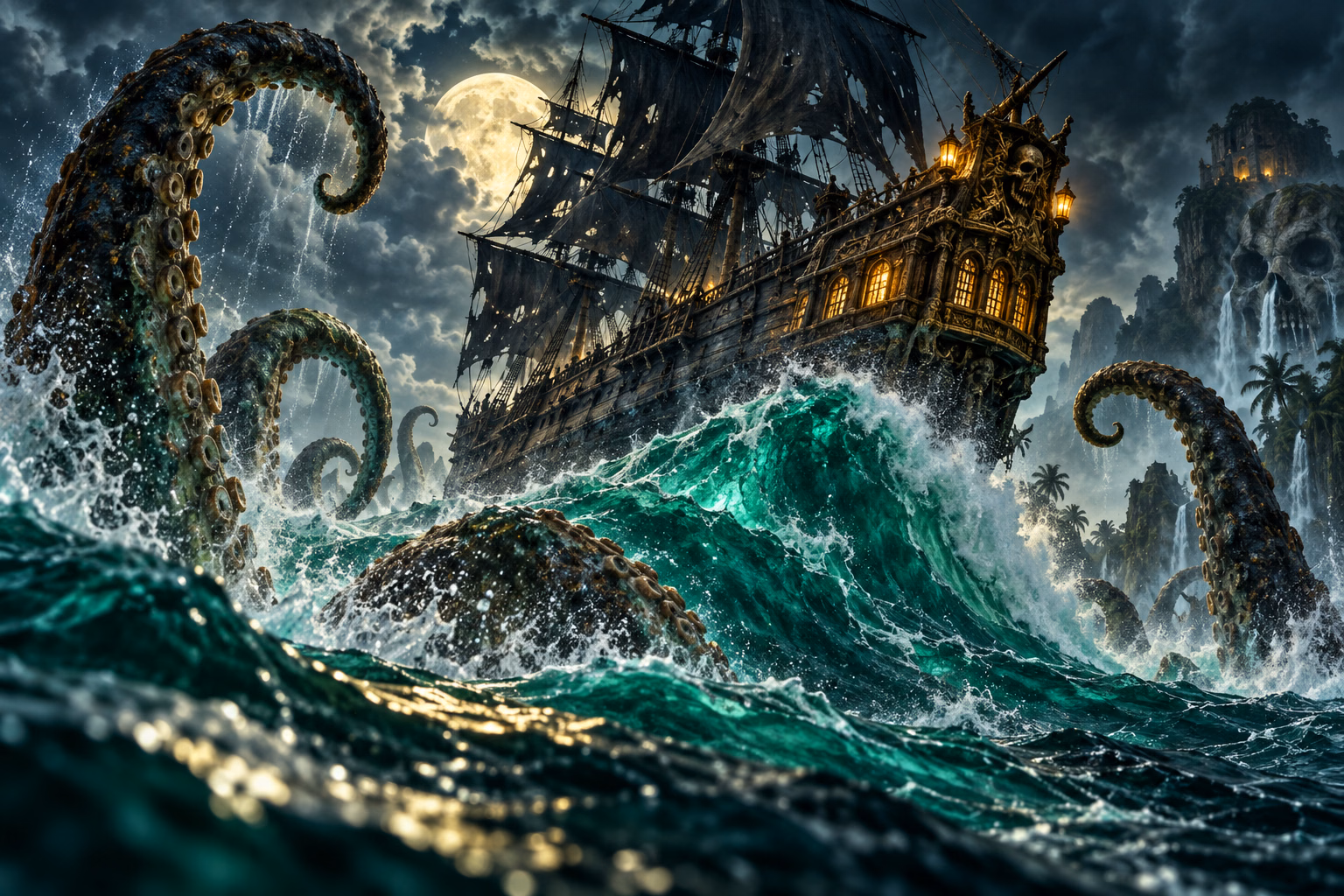 A moonlit pirate ship battling a giant Kraken