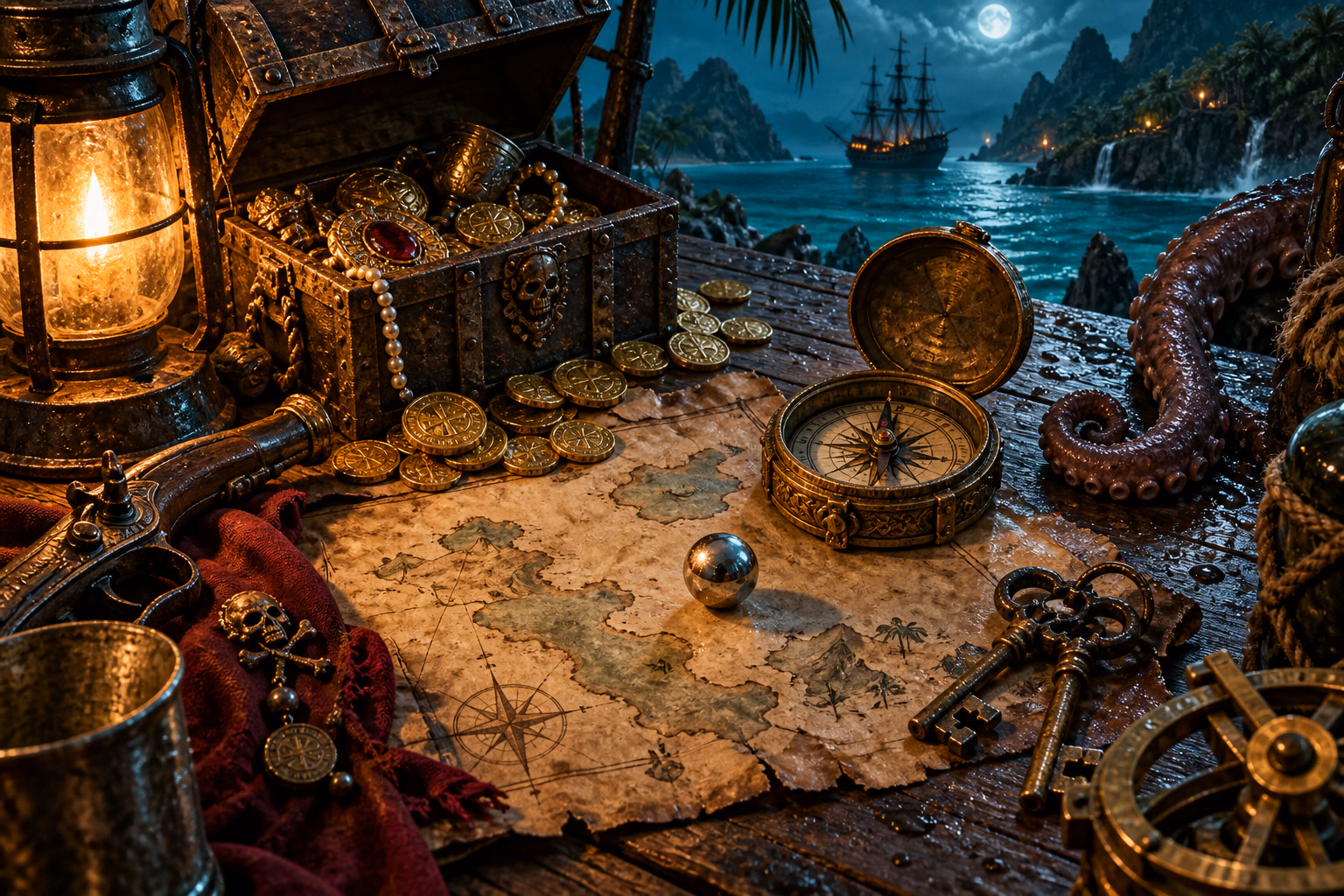 A captain’s chart with a compass and treasure