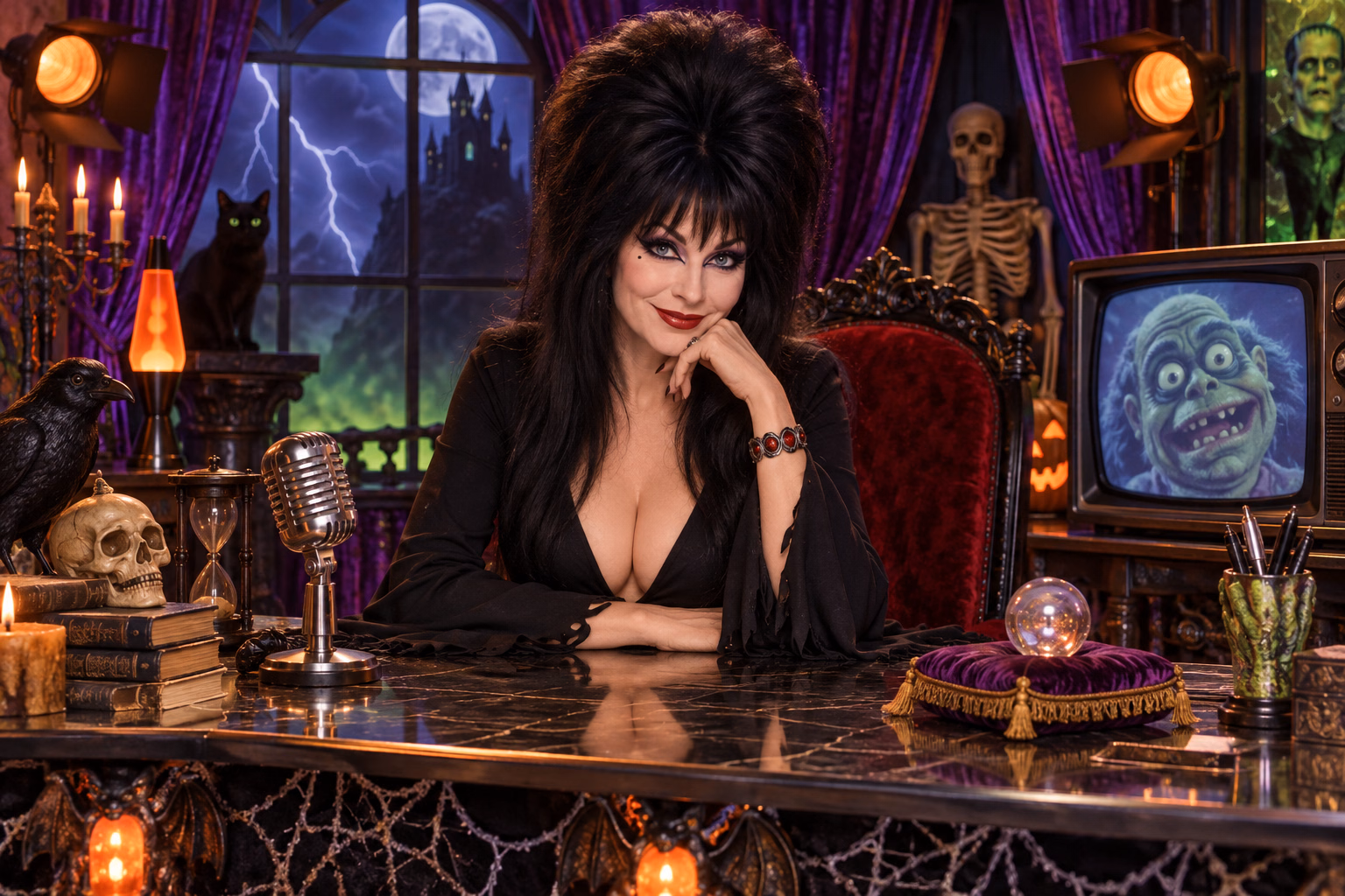 An adult horror hostess presents a late-night monster show from a cobwebbed television studio