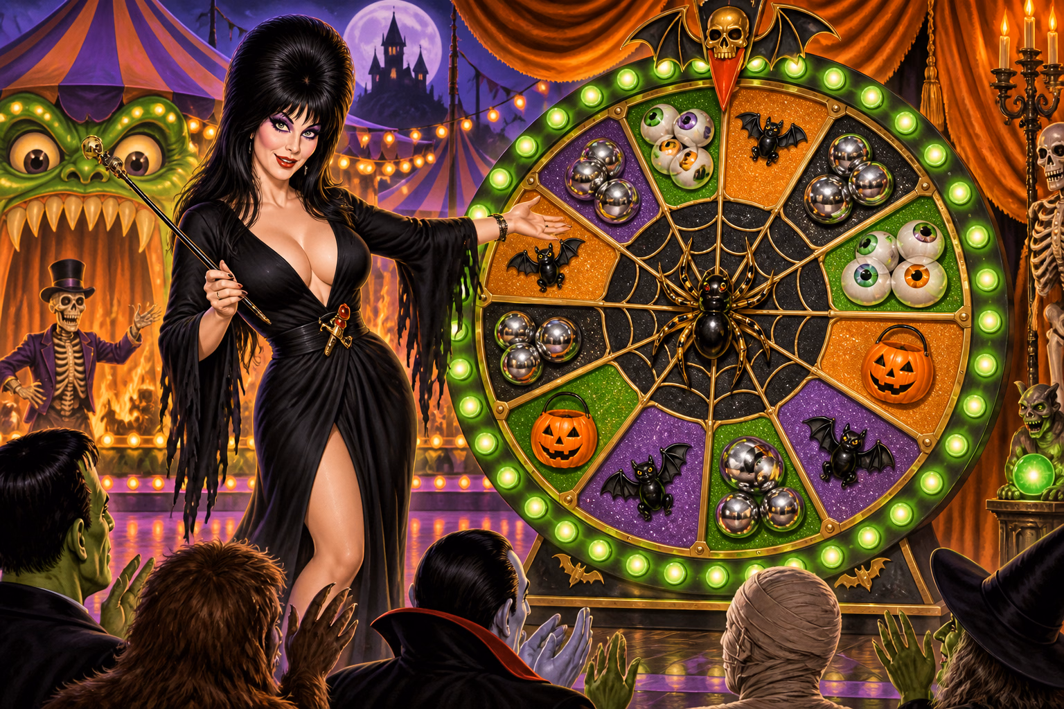 A horror hostess presents a carnival-style spider prize wheel