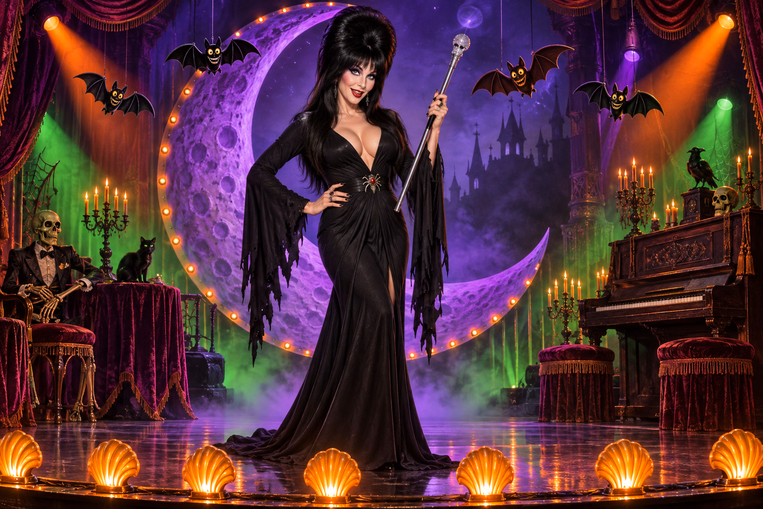 A gothic horror hostess commands a moonlit crypt stage with bats and theatrical fog
