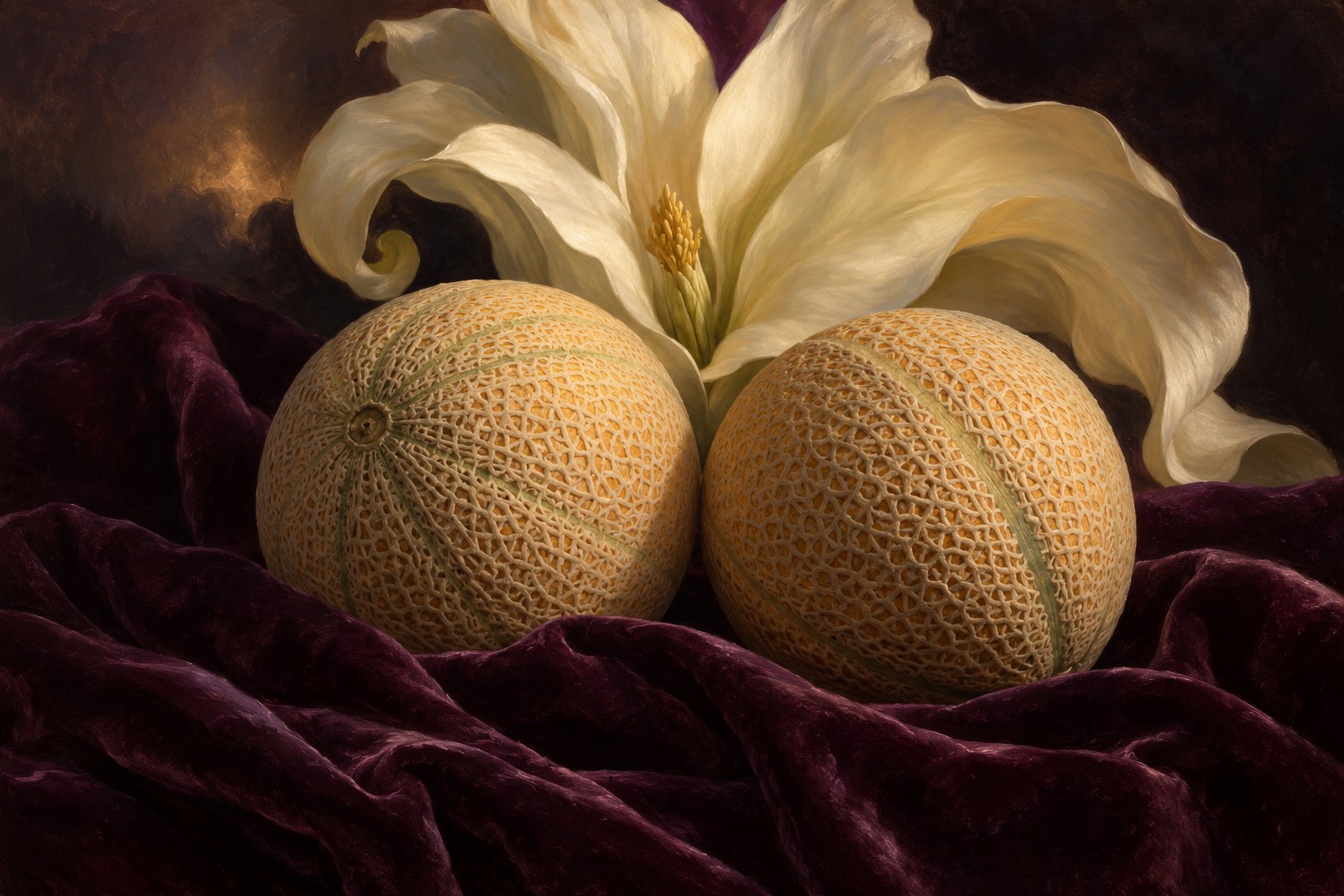 A painted still life of two cantaloupes and an ivory flower on plum velvet.