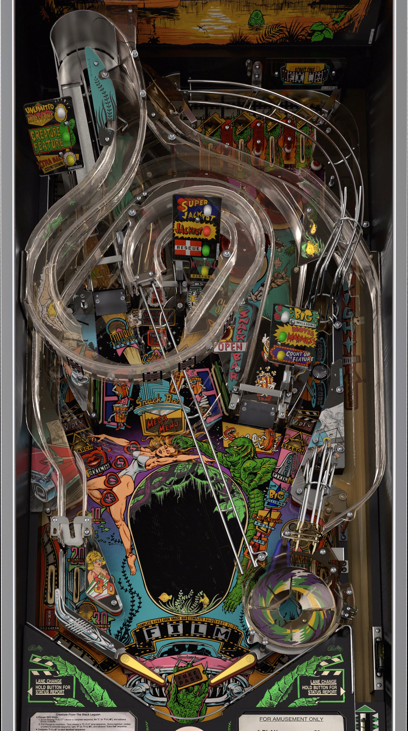 Installed Creature from the Black Lagoon playfield with real feature close-ups alongside