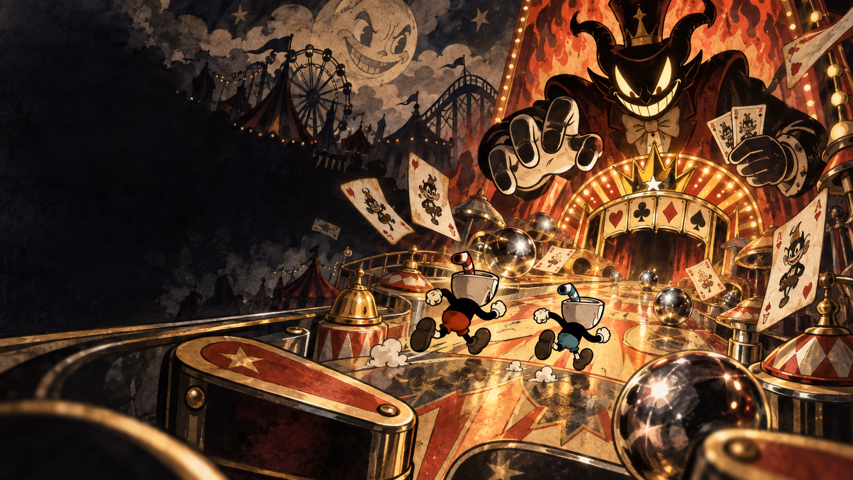 Two cup-headed cartoon adventurers cross a haunted carnival pinball field toward a casino-master shadow