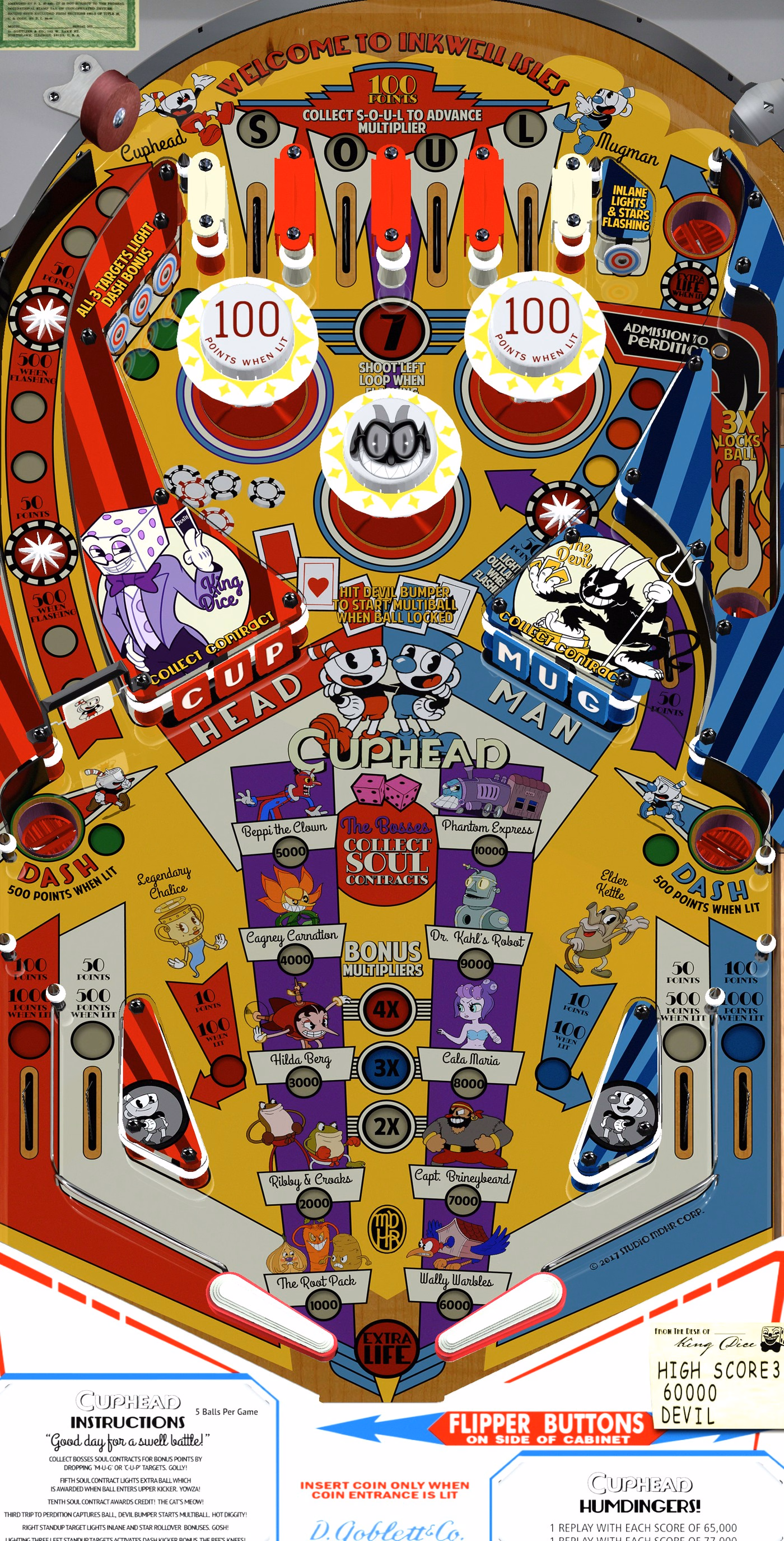 Full Cuphead Perdition 1.2 VPX playfield showing SOUL lanes, drop banks, Devil bumper, Perdition lane and upper-right kicker