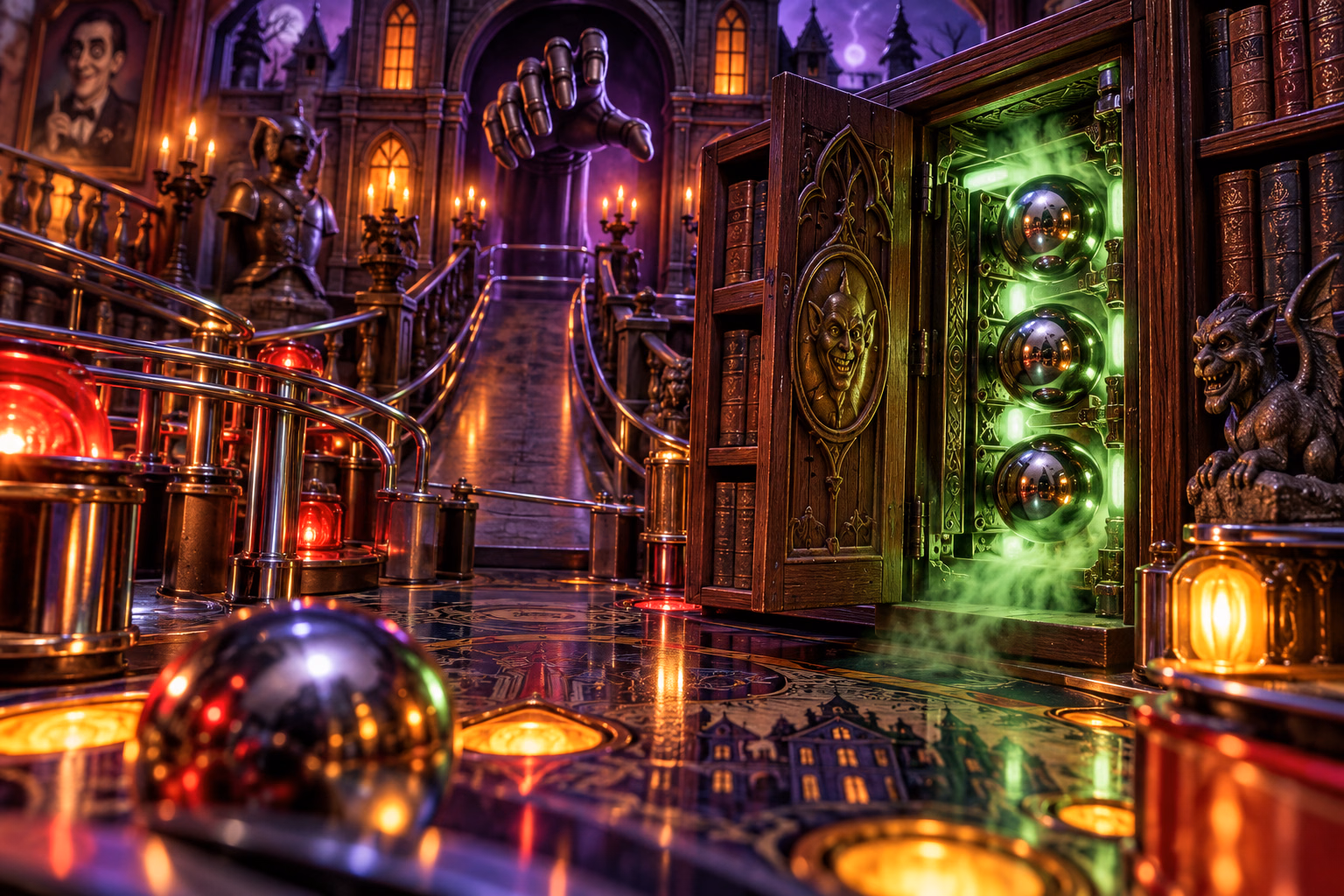 Main multiball lock and jackpot flow: Bookcase opens the vault, three locks start Multi-Ball, then jackpot and Super Jackpot cycle.