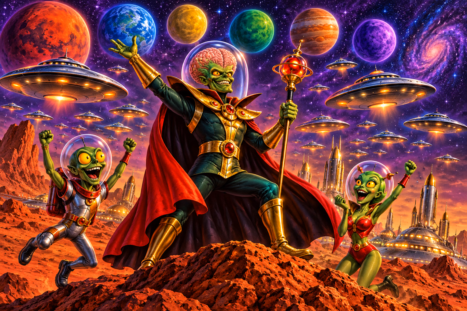 Attack from Mars characters in a finale celebration