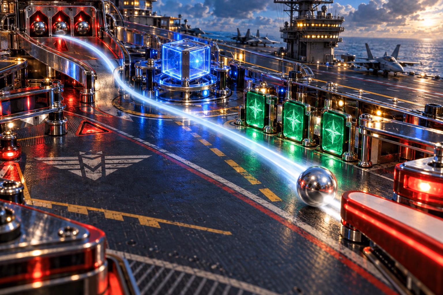 A chrome pinball races past green targets, a glowing cube and a steel lock ramp